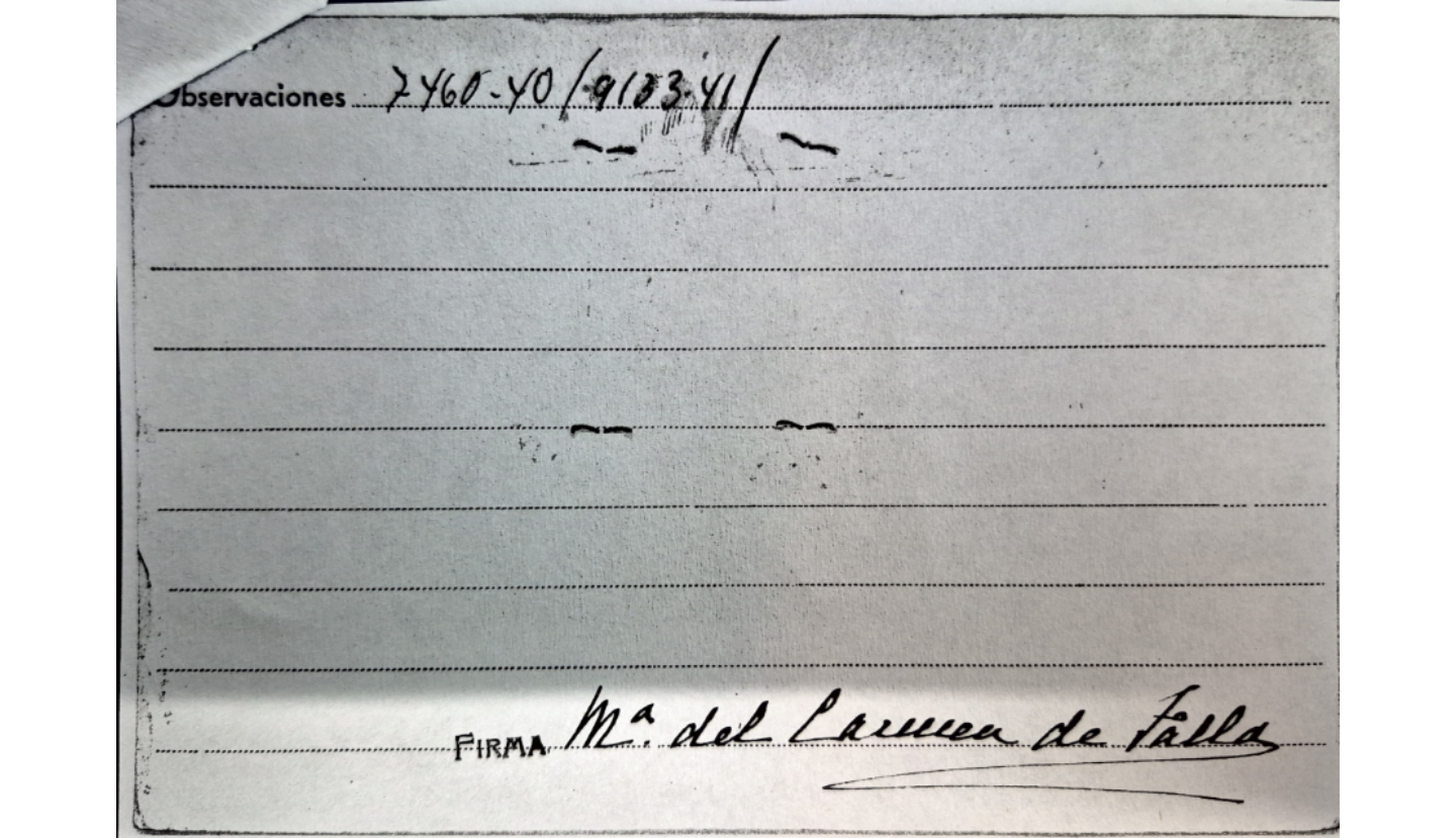 Trasera de María del Carmen de Falla Matheu