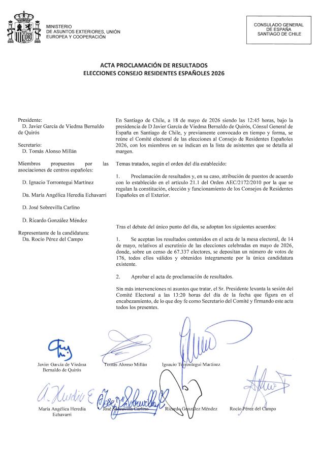 Acta proclamación de resultados - Elecciones CRE. Pulse para descargar en PDF
