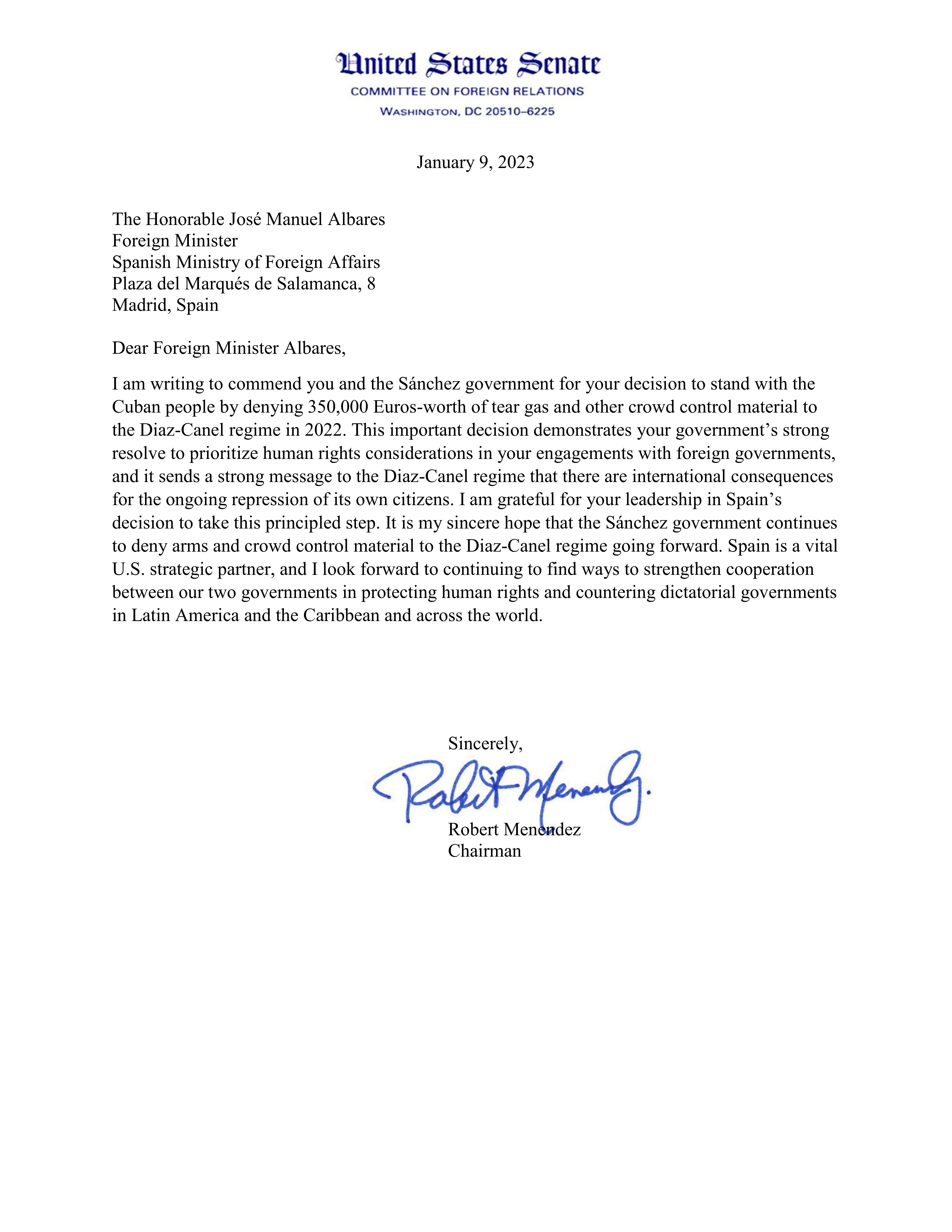 01-09-23 Letter Senator Menendez to Minister Albares.png