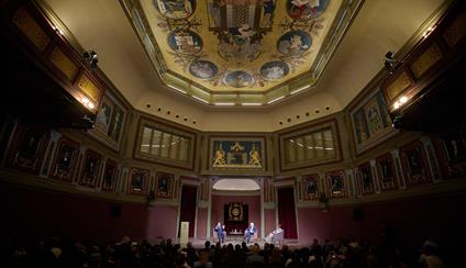 Panel featuring José Manuel Albares and Josep Borrell